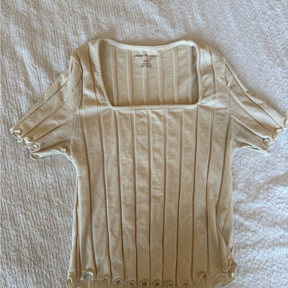 American Eagle Outfitters Beige Ribbed Short Sleeve Top